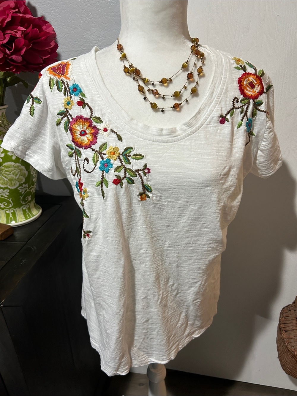 Caite White Short-Sleeve Scoop Neck Top with Colorful Floral Embroidery
